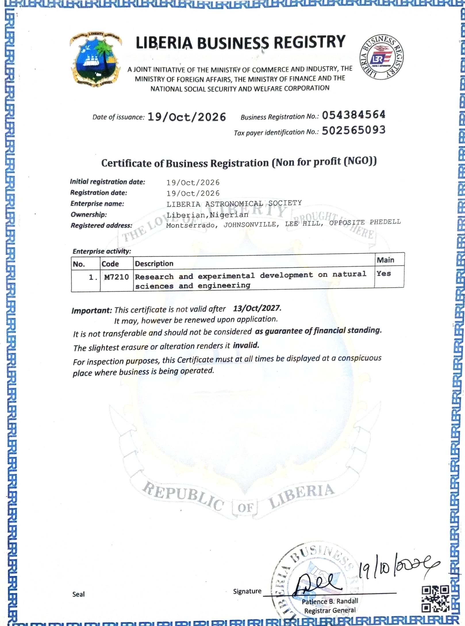 Official registration certificate of the Liberian Astronomical Society